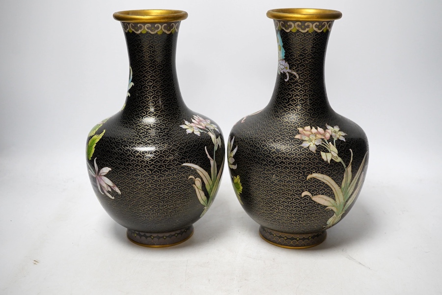 A pair of Chinese cloisonne enamel vases, 26cm. Condition - good